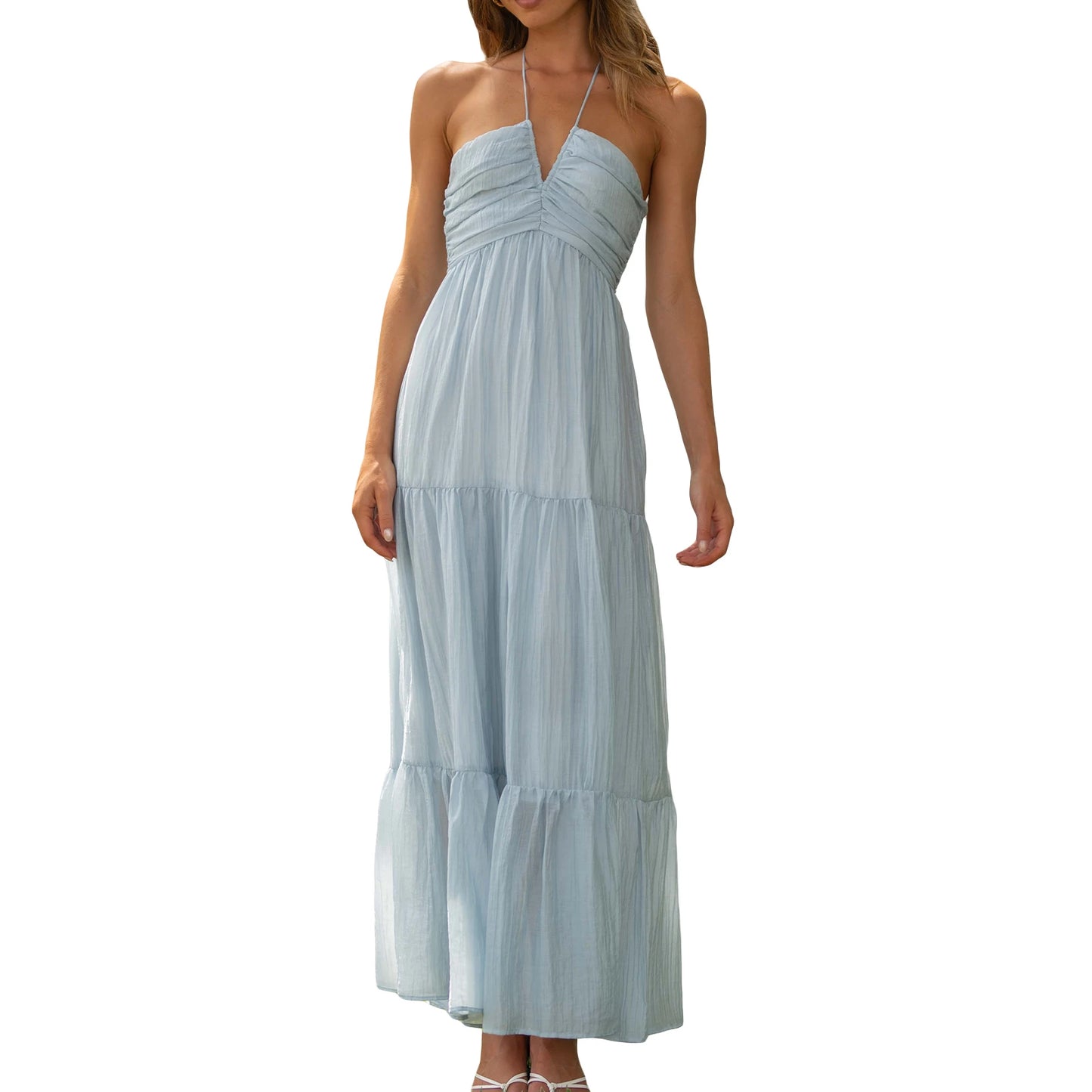 Elegant Sleeveless Maxi Dress with Halter Neckline and Backless Design Perfect for Summer Beach Parties and Casual Events