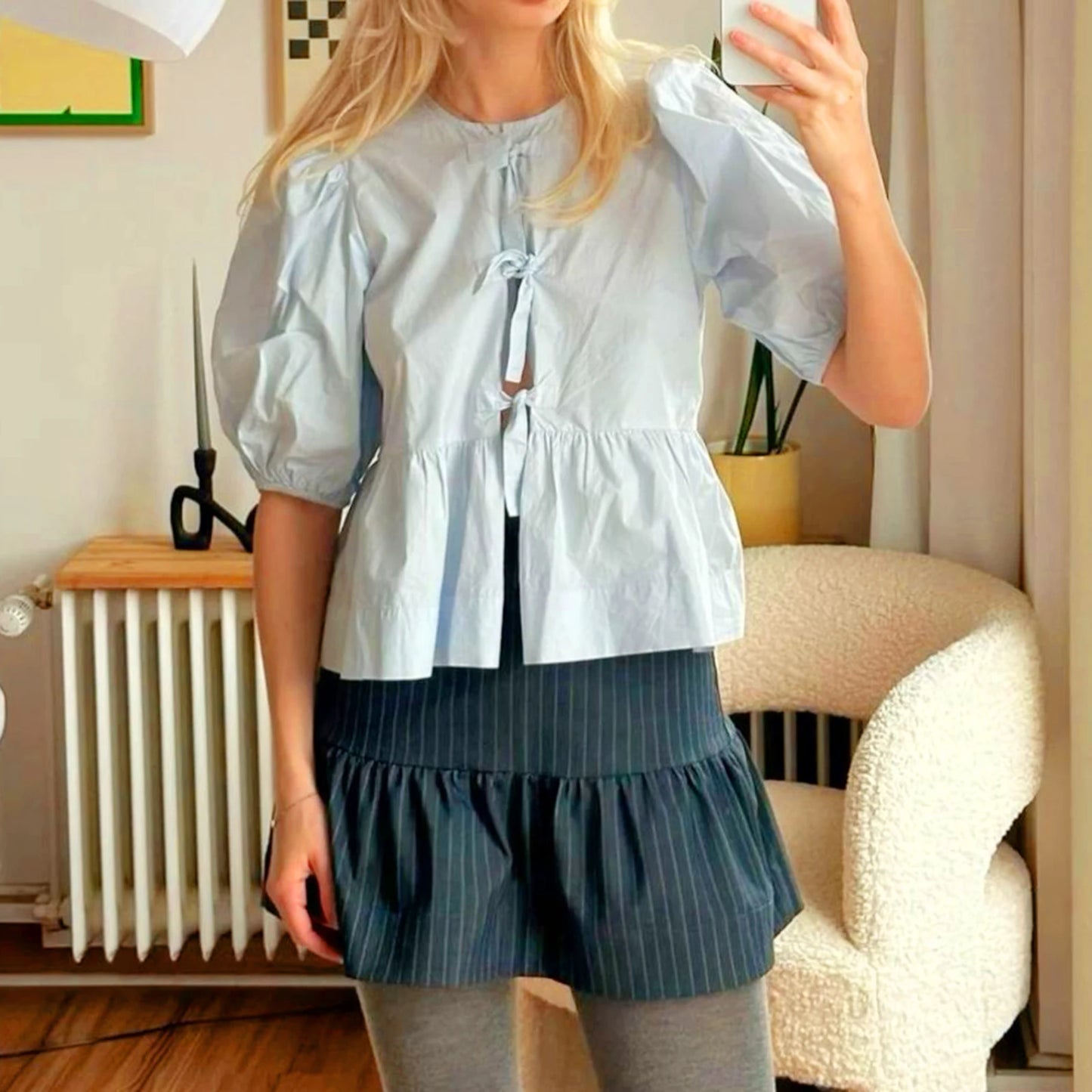 Fashion Women Y2k Peplum Shirt Puff Short Sleeve Lace Up Bow Blouse Tie Open Front Ruffle Hem Blouses Tops Streetwear