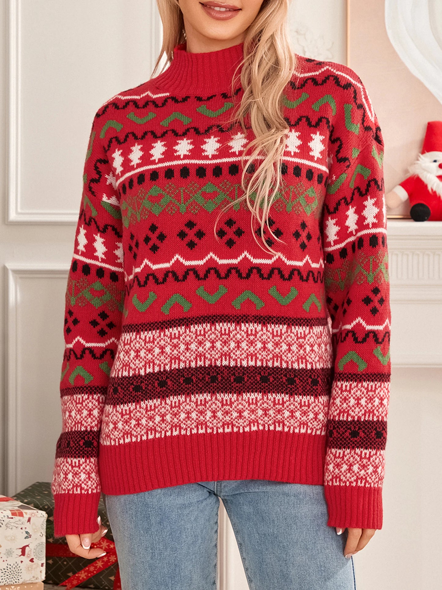 Women Christmas Sweater Casual Striped Long Sleeve Round Neck Loose Fit Knit Pullover Tops