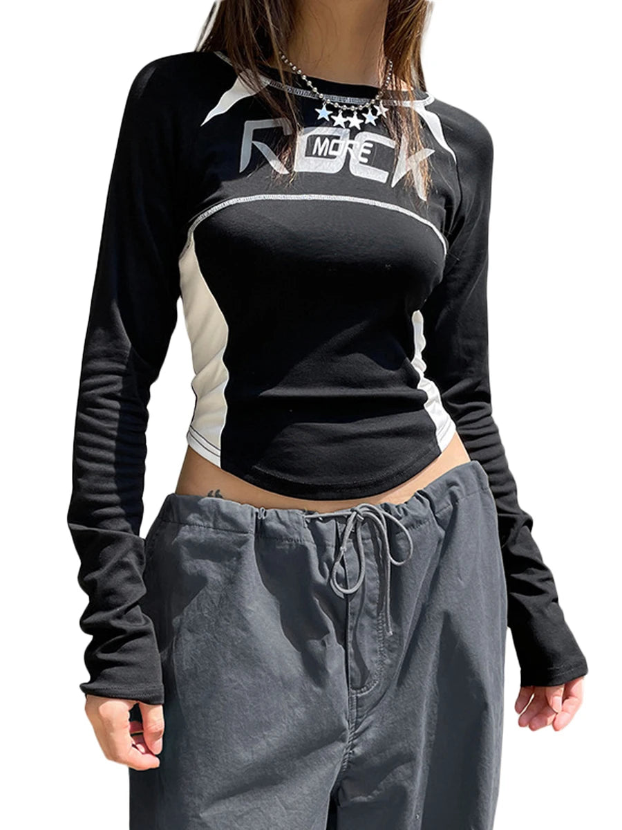 Women s Crew Neck Tops Fashion Letter Print Long Sleeve Fit T-Shirt Casual Blouse Streetwear