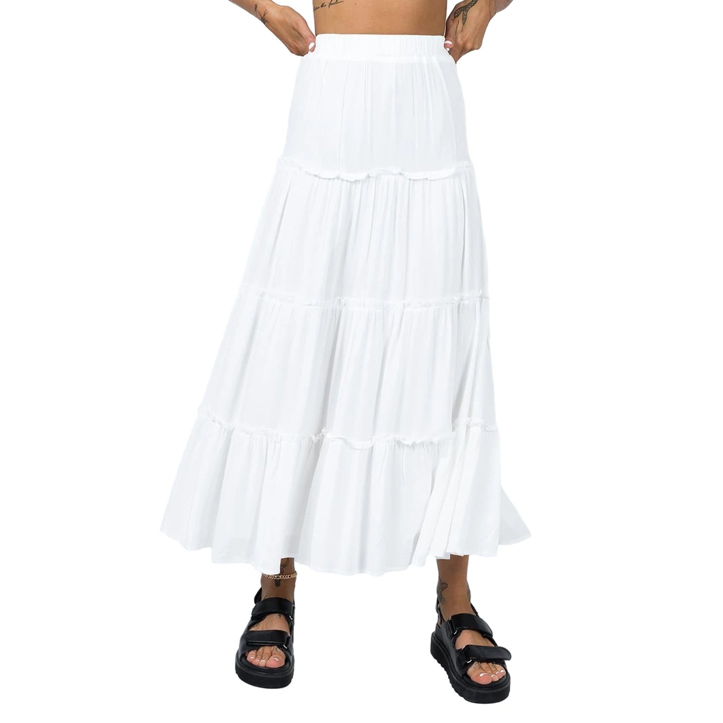 Women s Long Skirts Floral Print Solid Color Elastic Waist Skirts Spring Summer Big Swing Loose Casual Skirts
