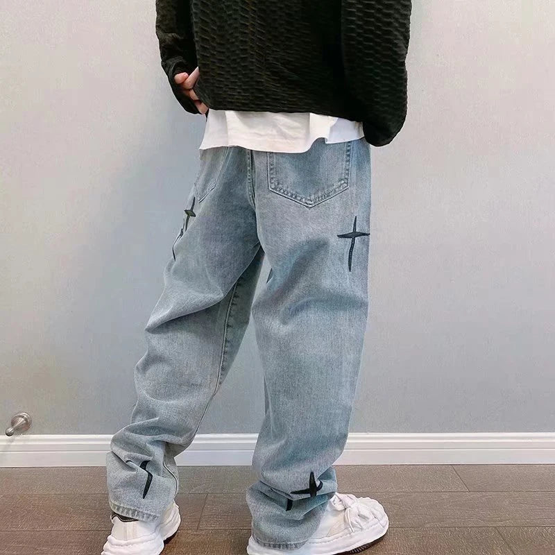 Men's Trendy Cool Style 2024 Blue Denim Pants Baggy Wide Leg Streetwear Trousers Cross Star Sticker Embroidery Design Jeans Male
