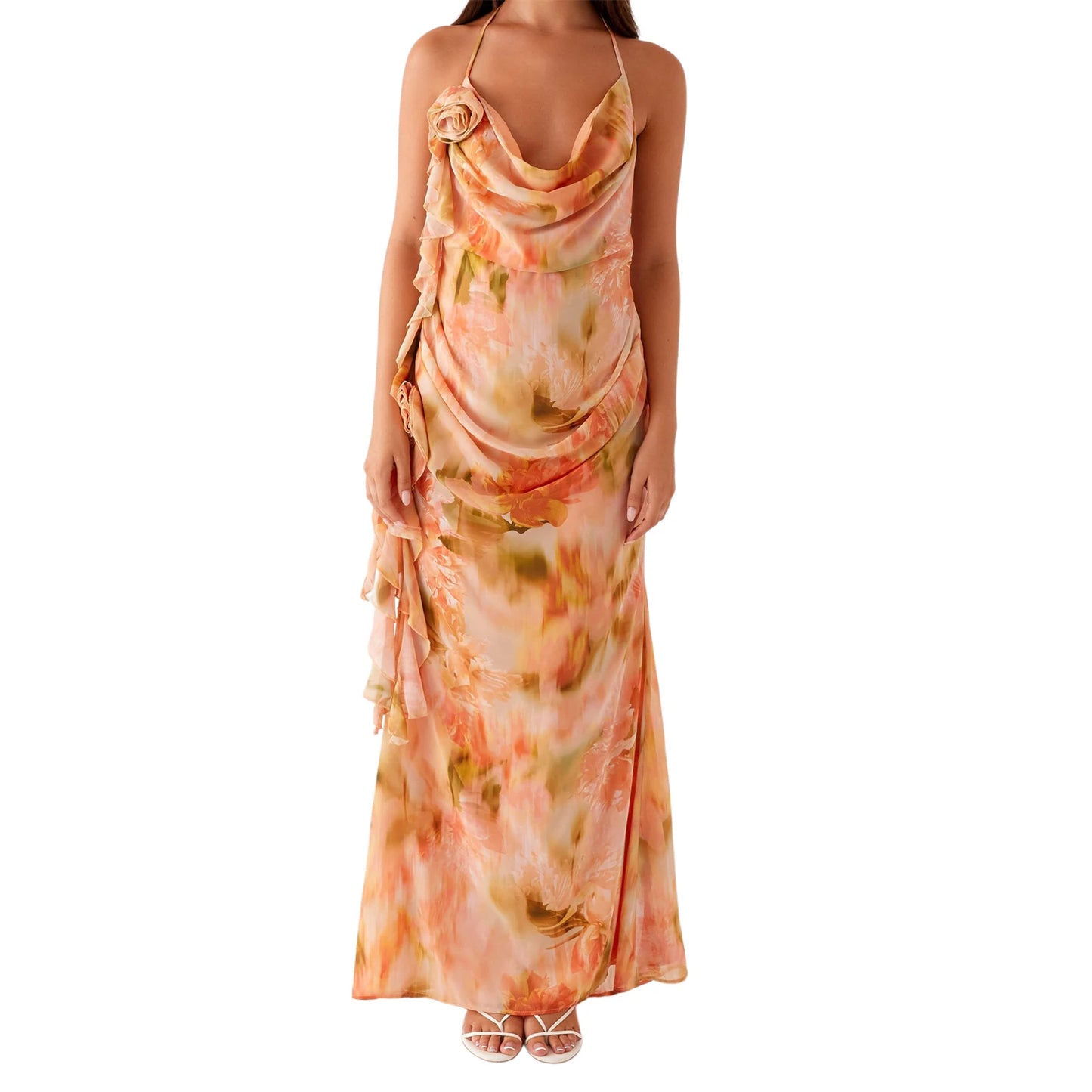 Elegant Lace Off-Shoulder Maxi Dress with Flounce Hem and Open Back Detail for Wedding Evening Prom Party Beach Cocktail