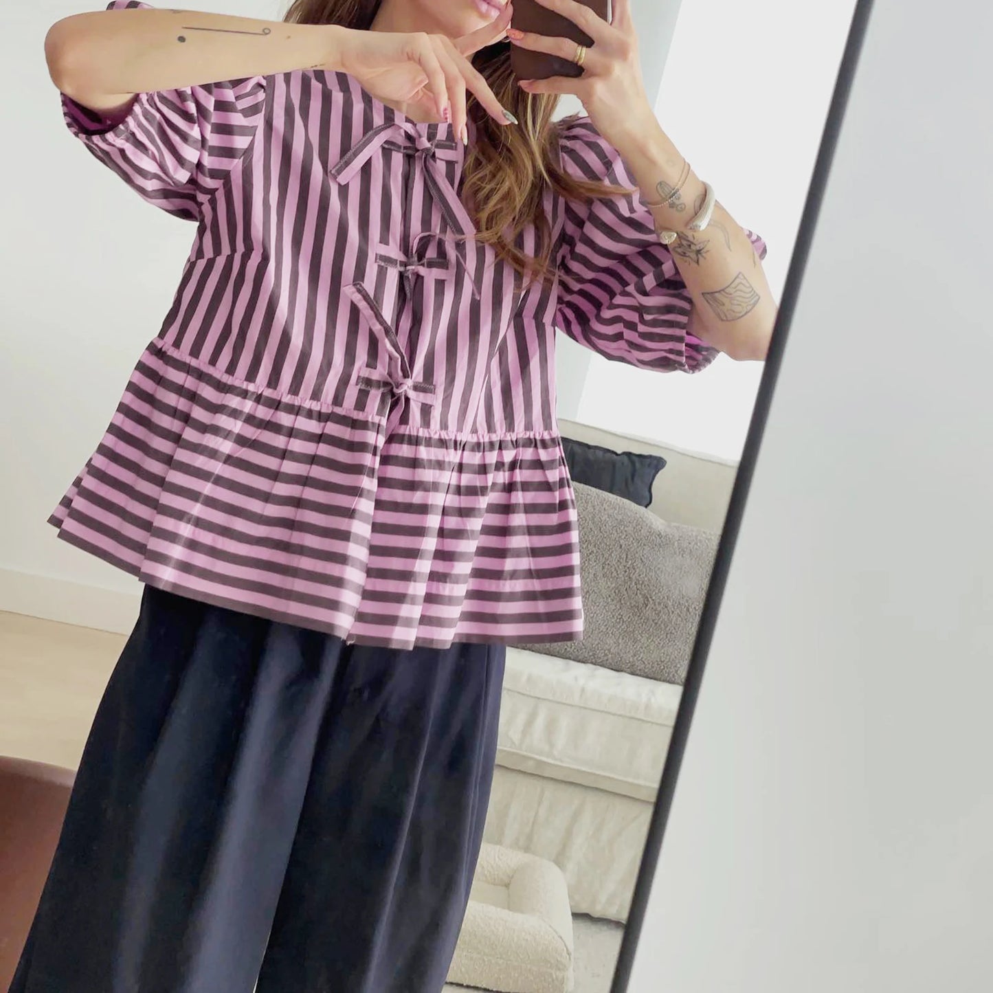 Fashion Women Y2k Peplum Shirt Puff Short Sleeve Lace Up Bow Blouse Tie Open Front Ruffle Hem Blouses Tops Streetwear