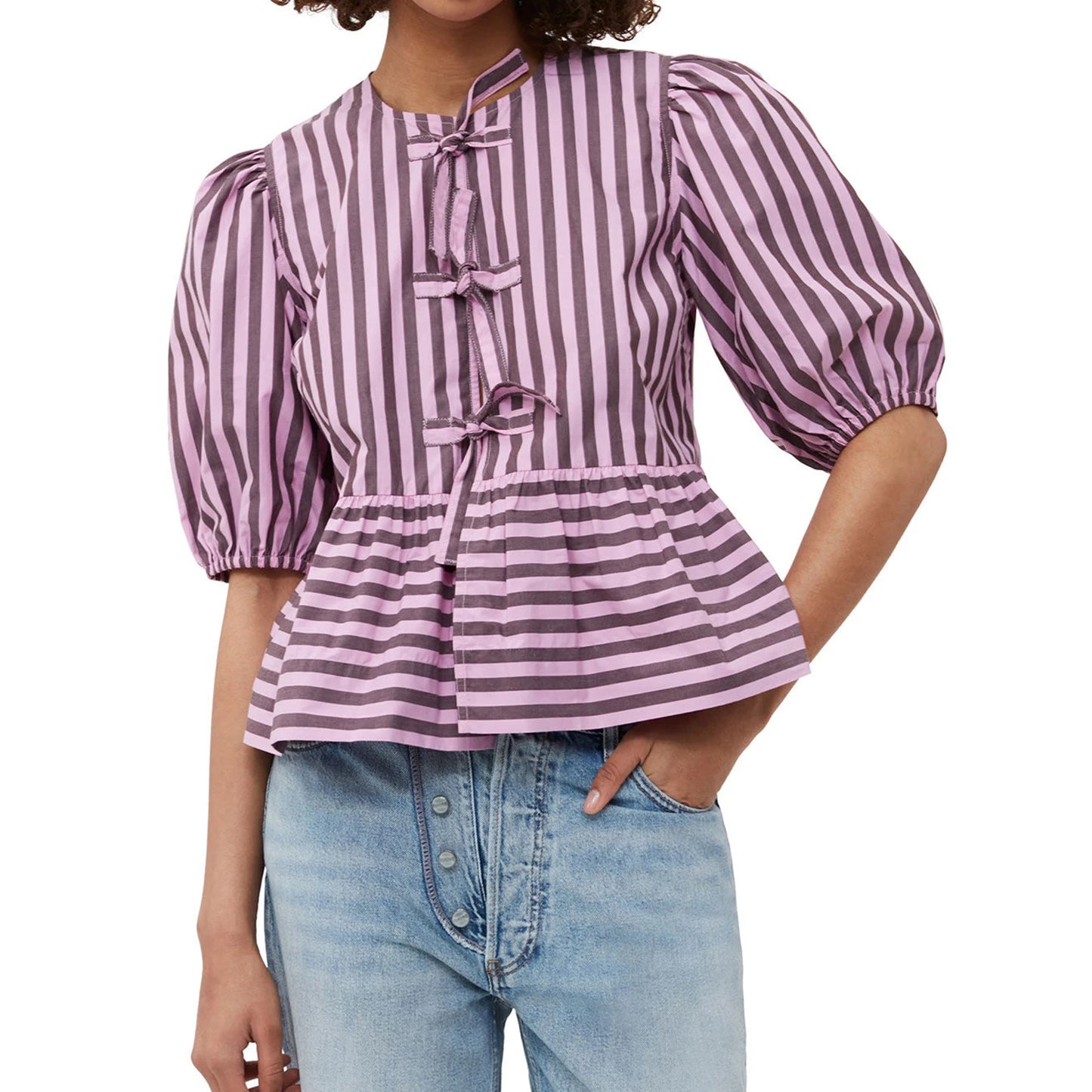 Fashion Women Y2k Peplum Shirt Puff Short Sleeve Lace Up Bow Blouse Tie Open Front Ruffle Hem Blouses Tops Streetwear