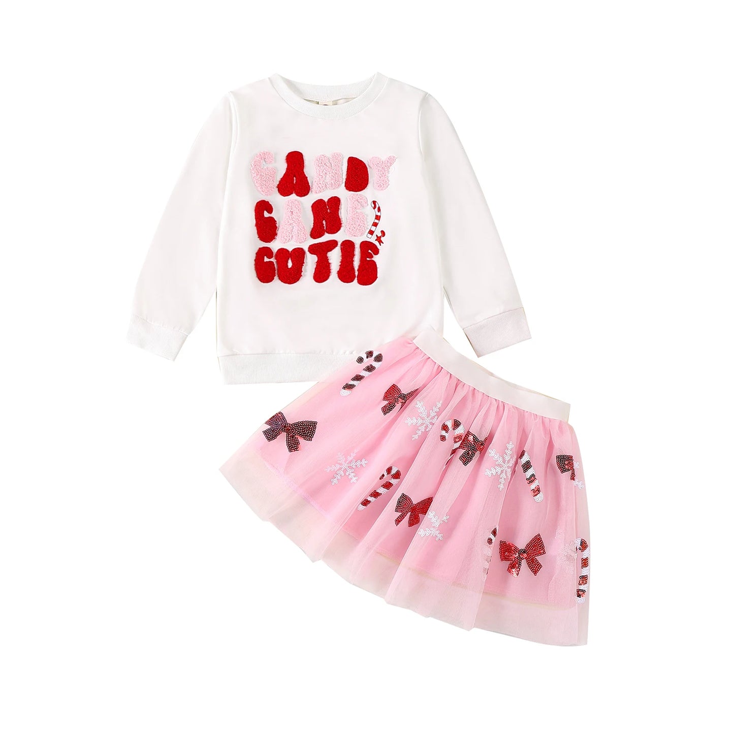 Adorable Infant Girl Outfit Long Sleeve Candy Cane Embroidery Sweatshirt with Tutu Skirt Set - Perfect for Christmas