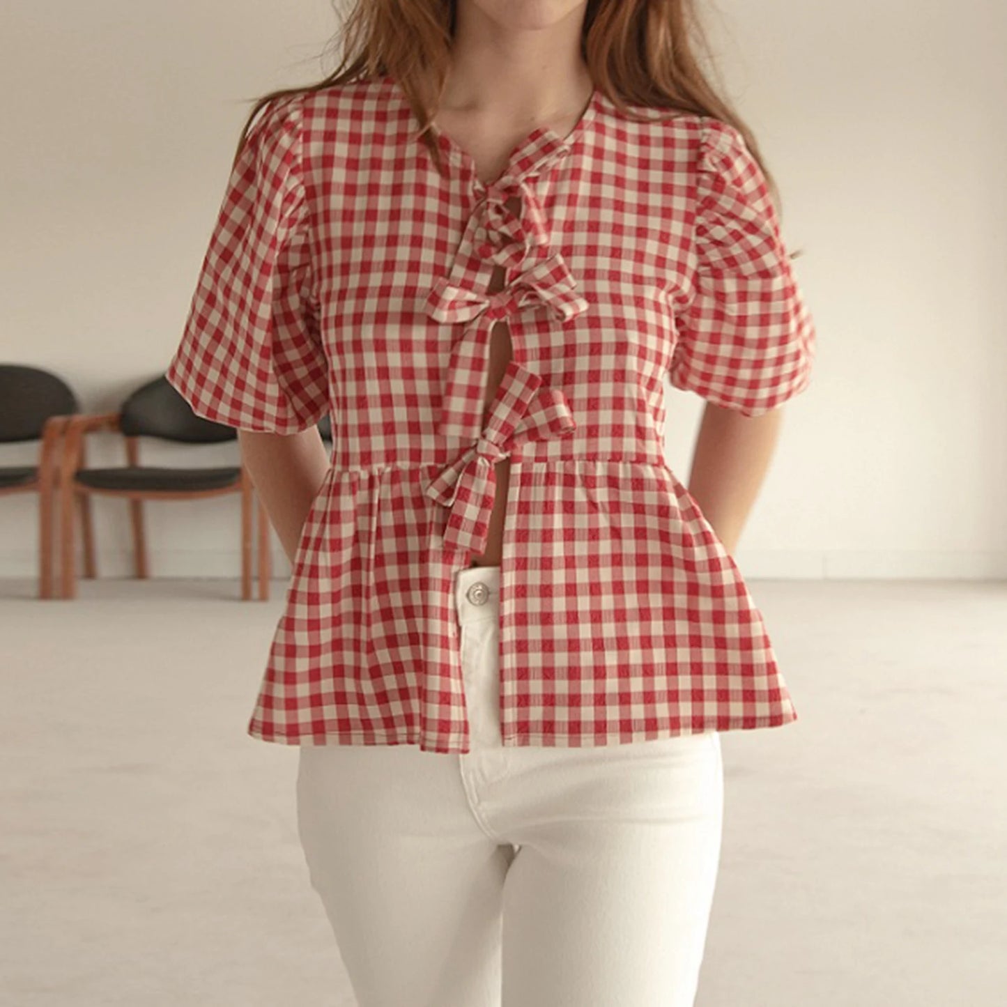 Fashion Women Y2k Peplum Shirt Puff Short Sleeve Lace Up Bow Blouse Tie Open Front Ruffle Hem Blouses Tops Streetwear
