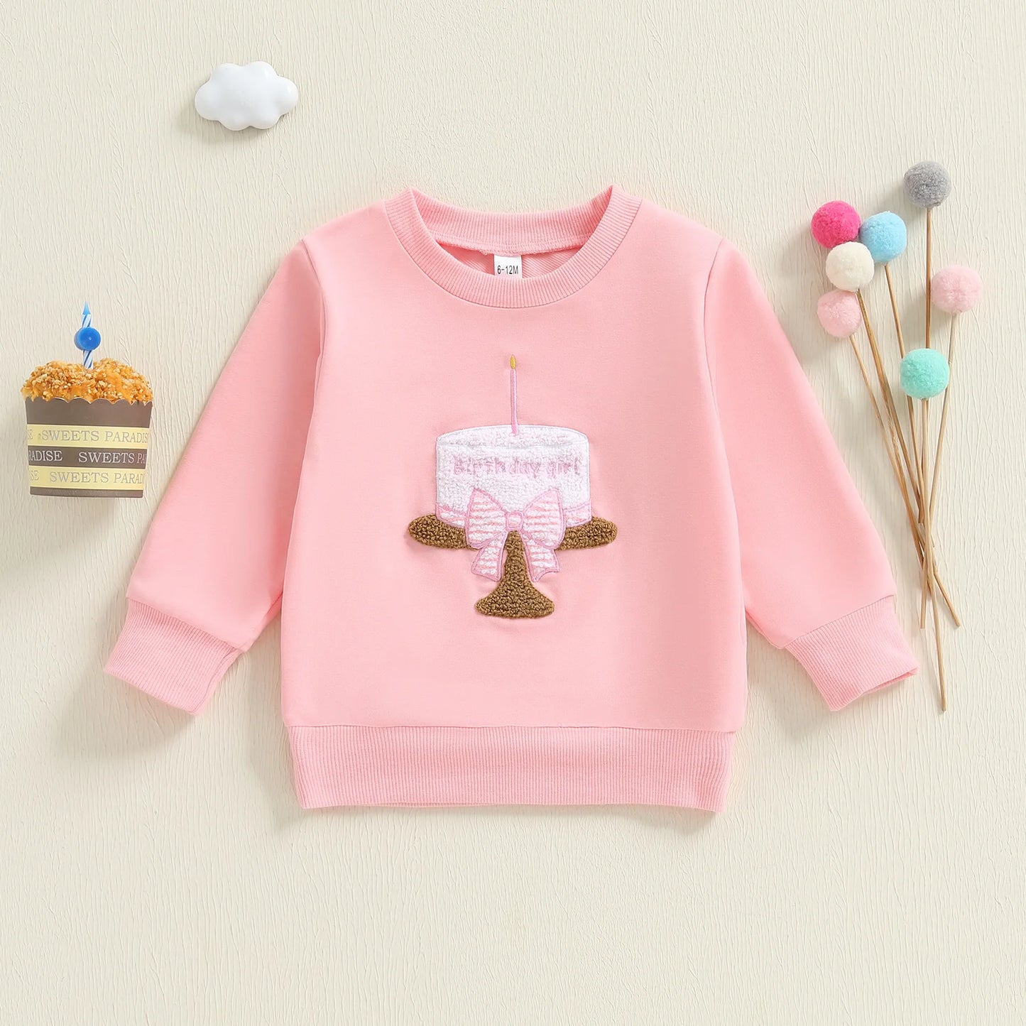 Adorable Infant Girls Birthday Hoodie Stylish Long Sleeve Cupcake Embroidered Round Neck Pullover Sweater Top
