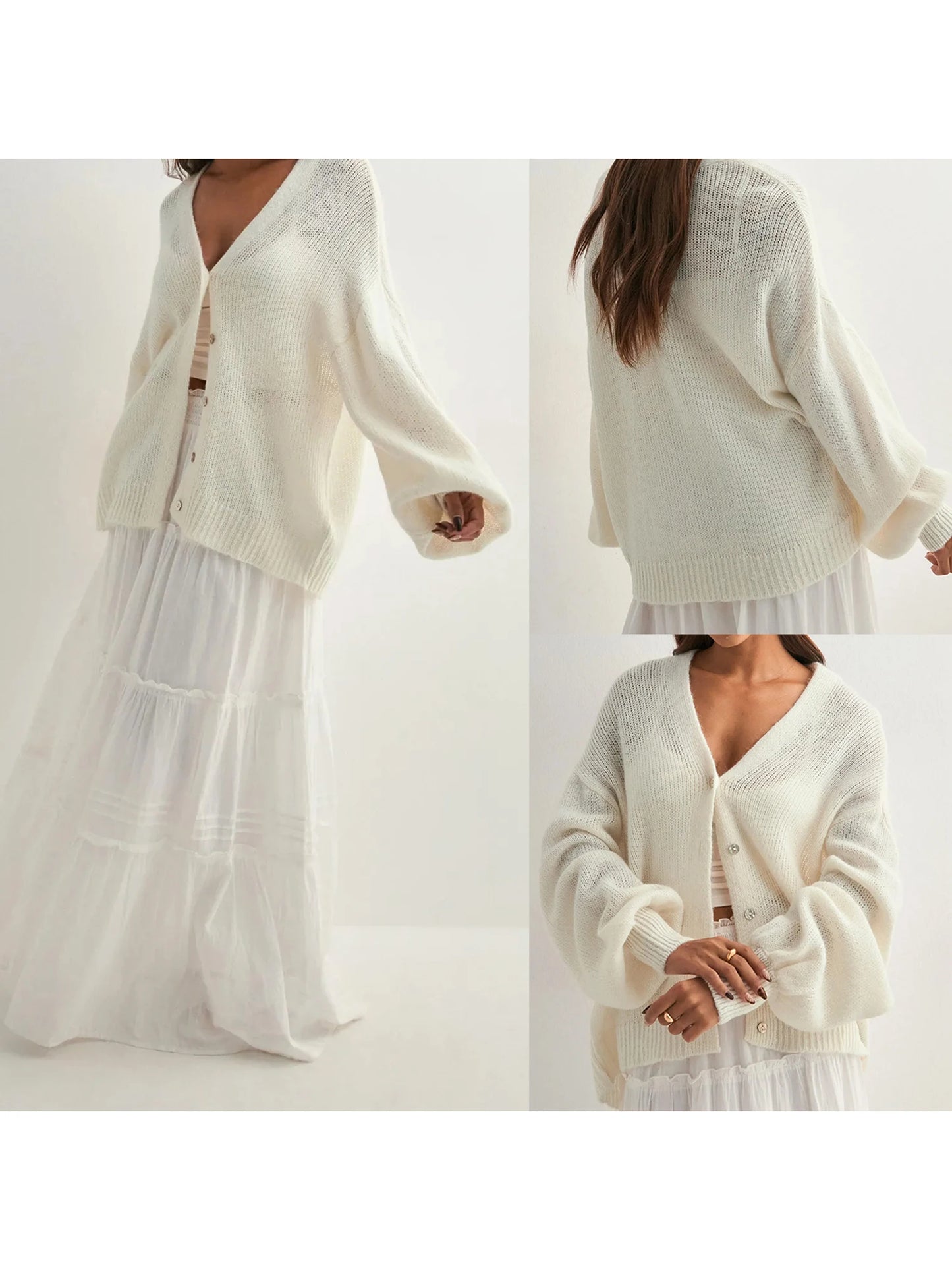 Stylish Women s Long Sleeve V Neck Button Down Knit Cardigan in Solid Color Loose Fit Sweater for Fashionable Look