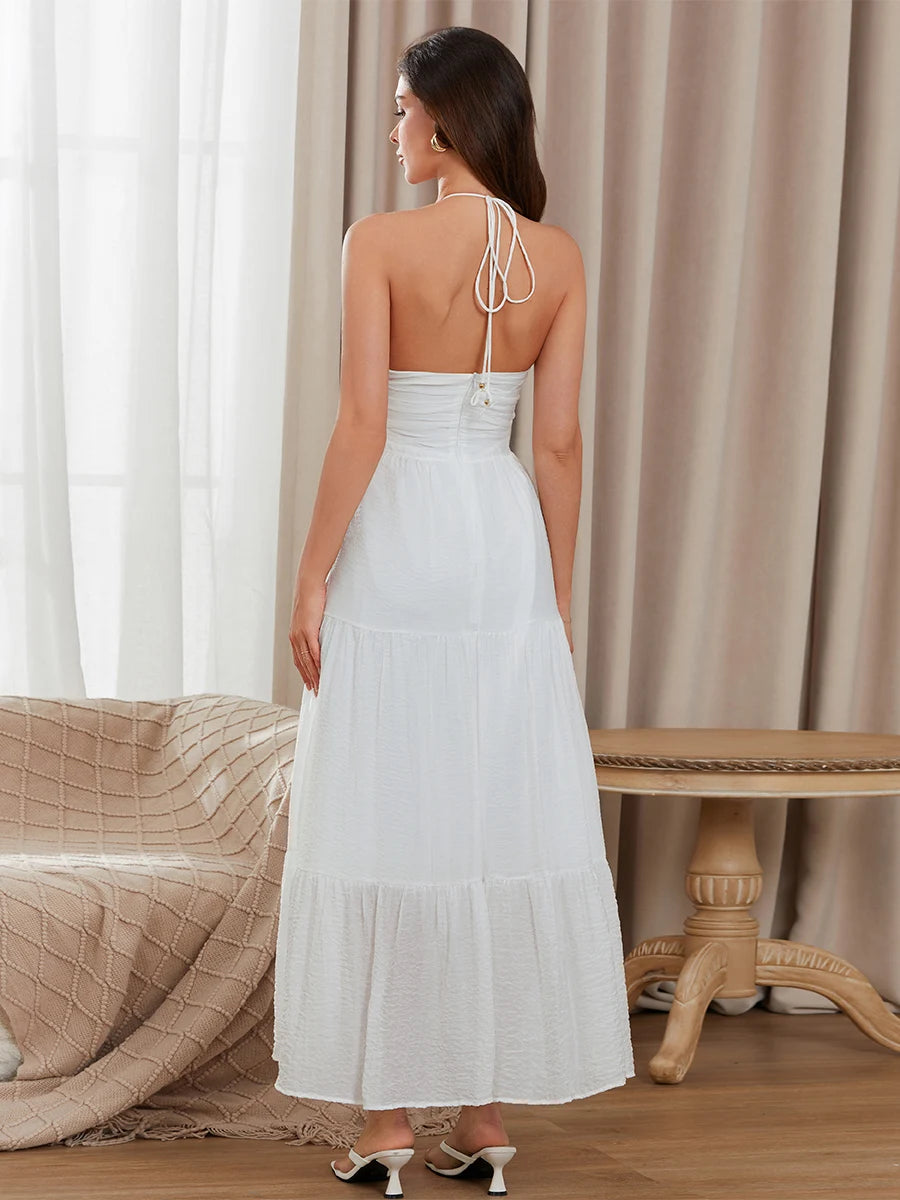 Elegant Sleeveless Maxi Dress with Halter Neckline and Backless Design Perfect for Summer Beach Parties and Casual Events