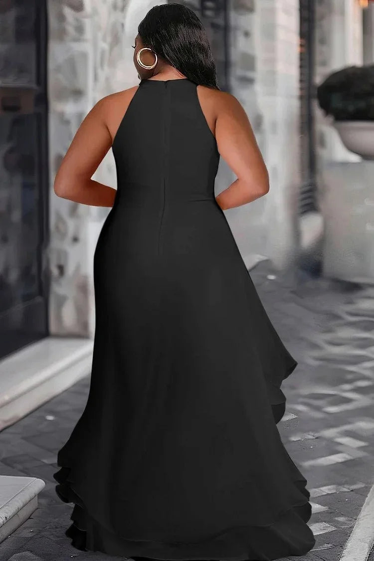 Modigirl Party Long Black Dresses for Women Loose Sleeveless Layered Ruffle Trim Split-Front Elegant Wedding Prom Maxi Dresses