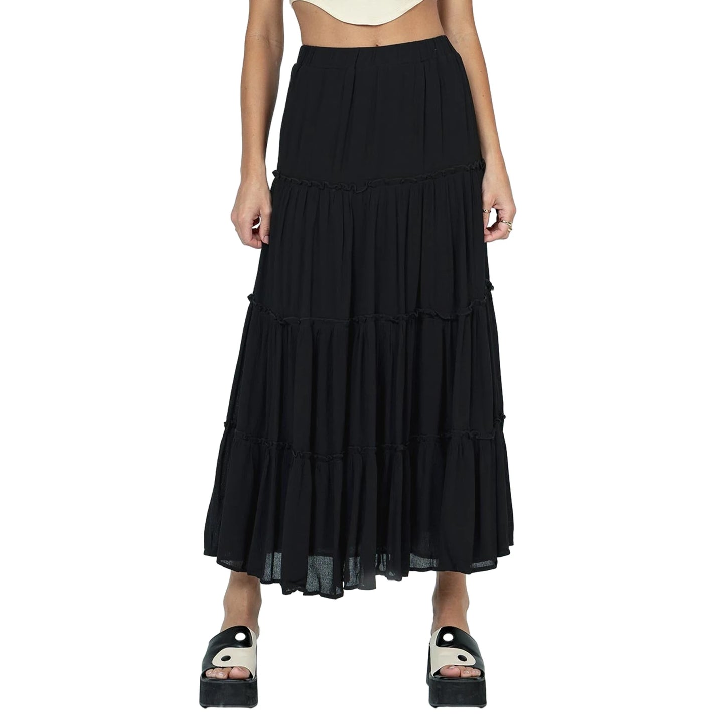 Women s Long Skirts Floral Print Solid Color Elastic Waist Skirts Spring Summer Big Swing Loose Casual Skirts
