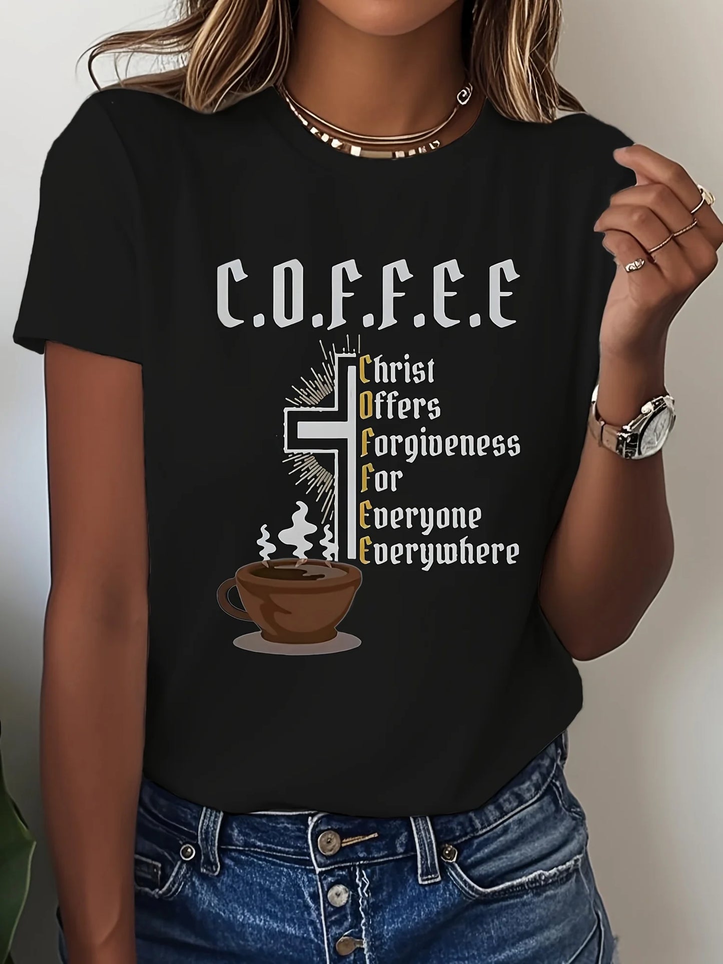 Women's C.O.F.F.E.E Christian Forgiveness Graphic T-Shirt - Vibrant Red Casual Short Sleeve Round Neck Summer