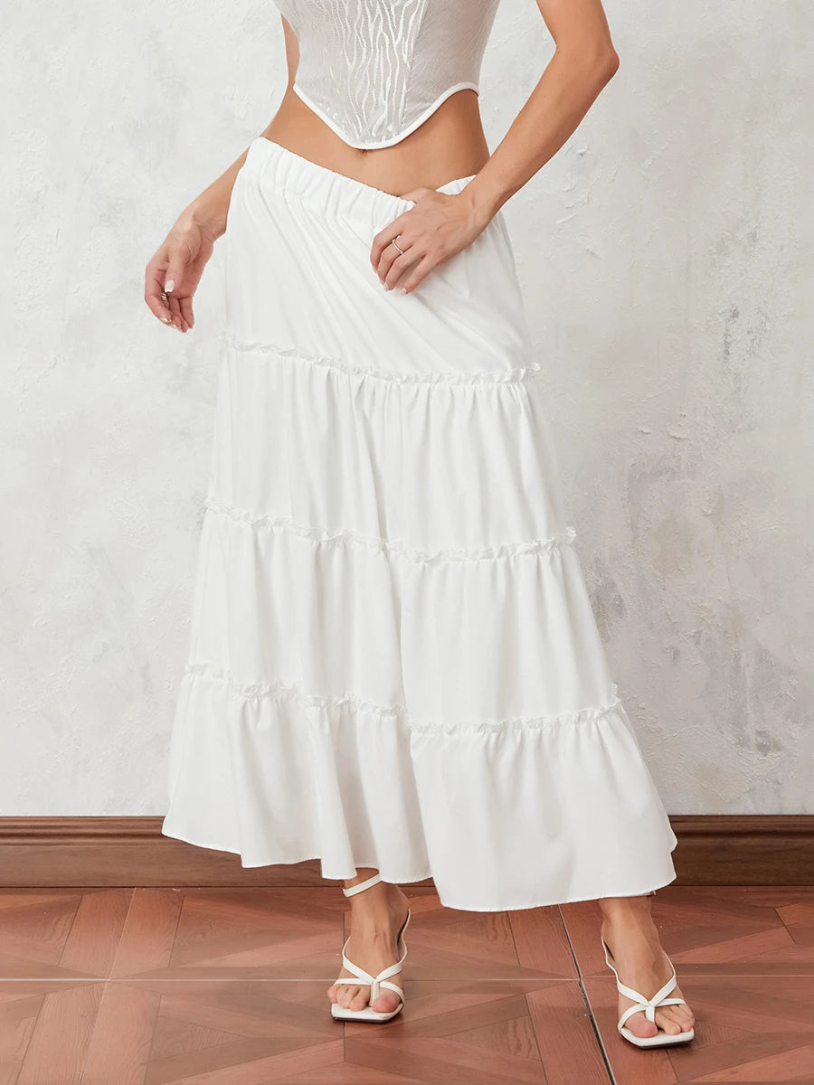 Women s Long Skirts Floral Print Solid Color Elastic Waist Skirts Spring Summer Big Swing Loose Casual Skirts