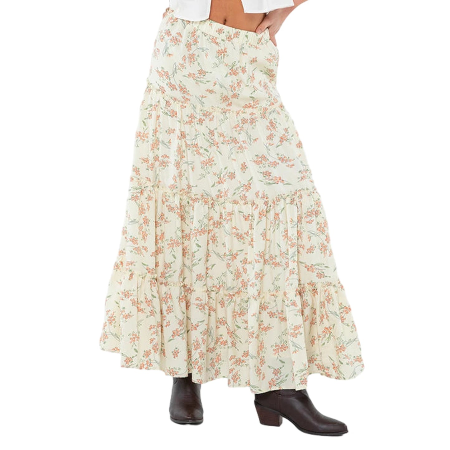 Women s Long Skirts Floral Print Solid Color Elastic Waist Skirts Spring Summer Big Swing Loose Casual Skirts