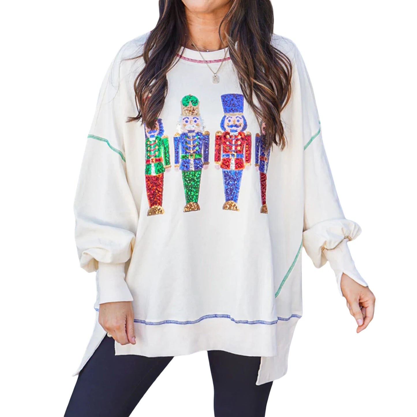 Women s Loose Sweatshirt Sequins Cartoon Person Crew Neck Long Sleeve Pullovers Fall Winter Casual Tops Shirts