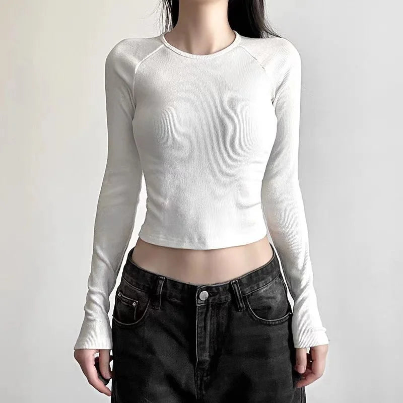 Y2K T-shirts Vintage Women O-neck Tee Long Sleeve Grunge Print Casual Crop Top Female Graphic Korean Fashion Streetwear Tops