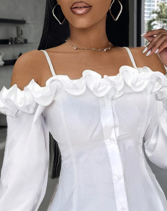 Elegant Women's Shirt 2024 Summer White Ruffle Hem Buttoned Off Shoulder Spaghetti Strap Long Sleeve Slim Fit Blouse Top