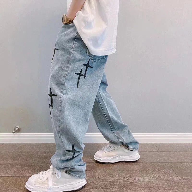Men's Trendy Cool Style 2024 Blue Denim Pants Baggy Wide Leg Streetwear Trousers Cross Star Sticker Embroidery Design Jeans Male