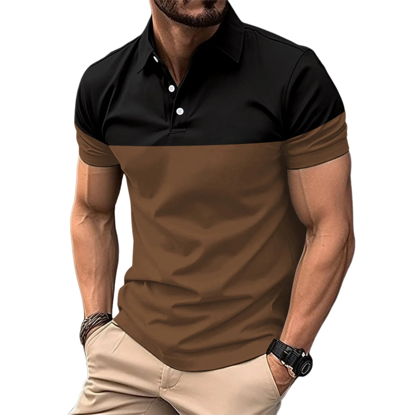 Casual Men s V Neck T-Shirt with Button Lapel and Stylish Contrast Color Design Perfect for Summer Outfits