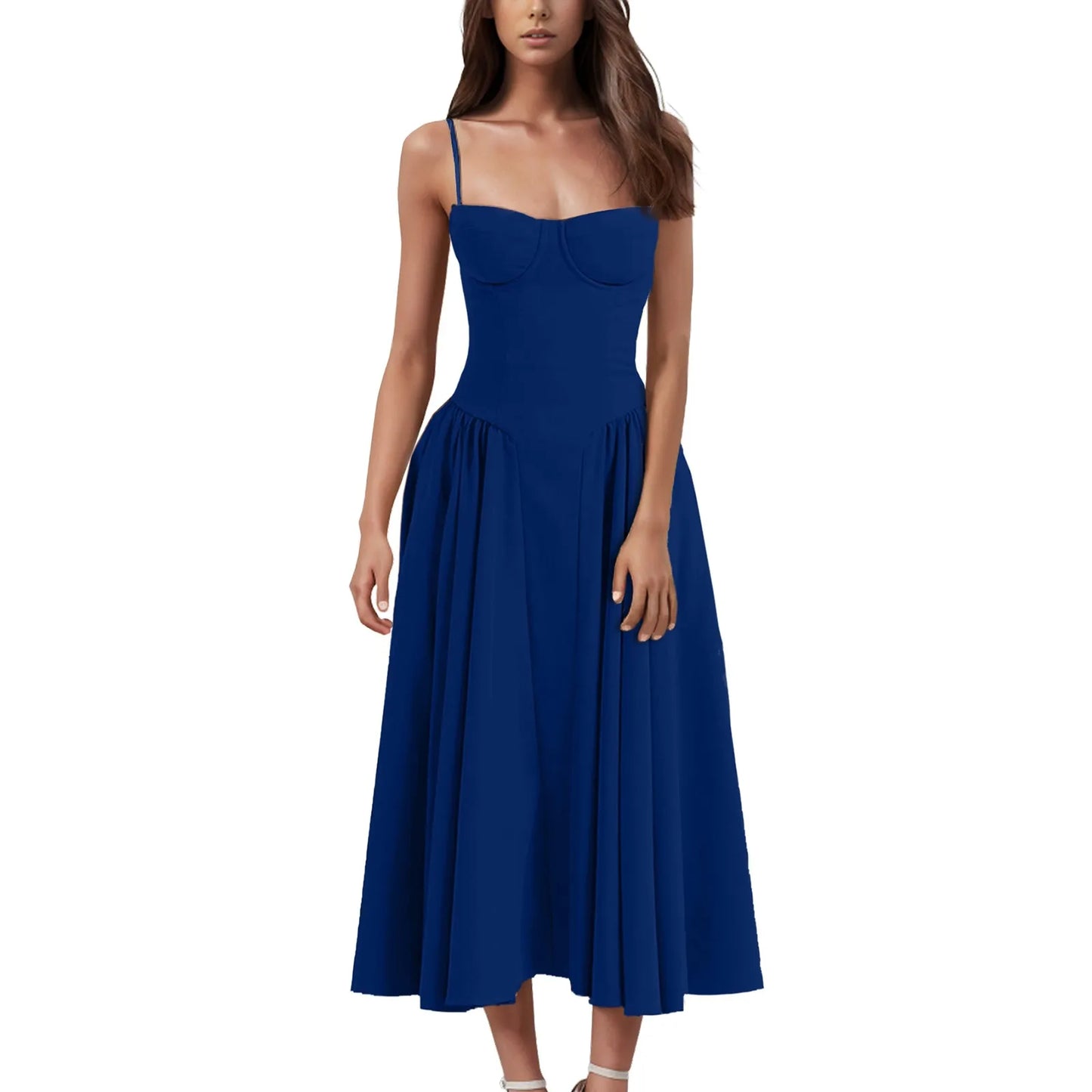 Women's Fashionable Solid Color Floral Retro Court  Dopamine Suspender Pocket Dress