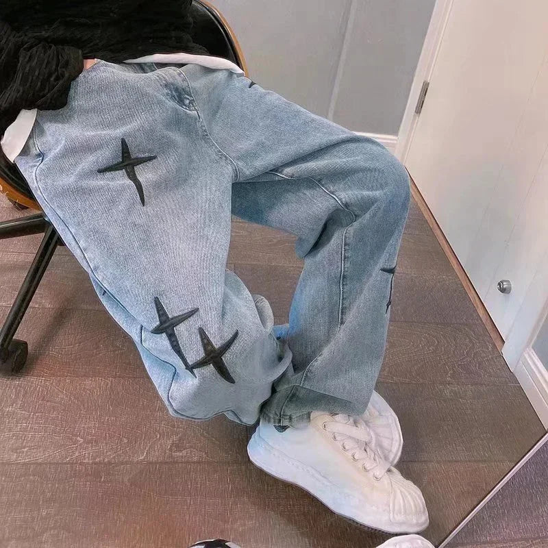 Men's Trendy Cool Style 2024 Blue Denim Pants Baggy Wide Leg Streetwear Trousers Cross Star Sticker Embroidery Design Jeans Male