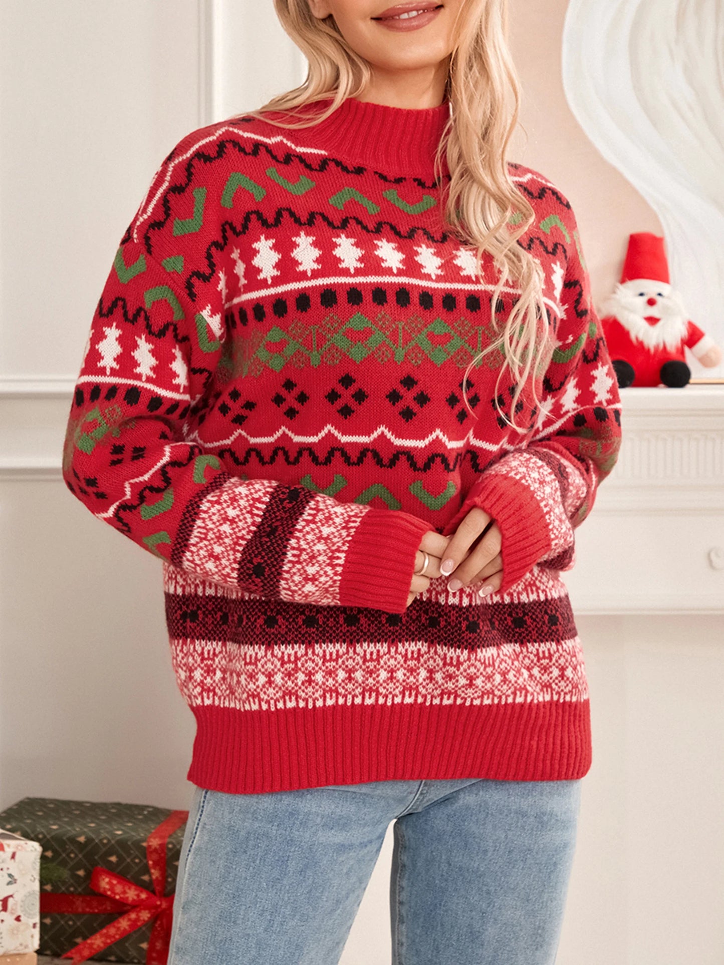 Women Christmas Sweater Casual Striped Long Sleeve Round Neck Loose Fit Knit Pullover Tops