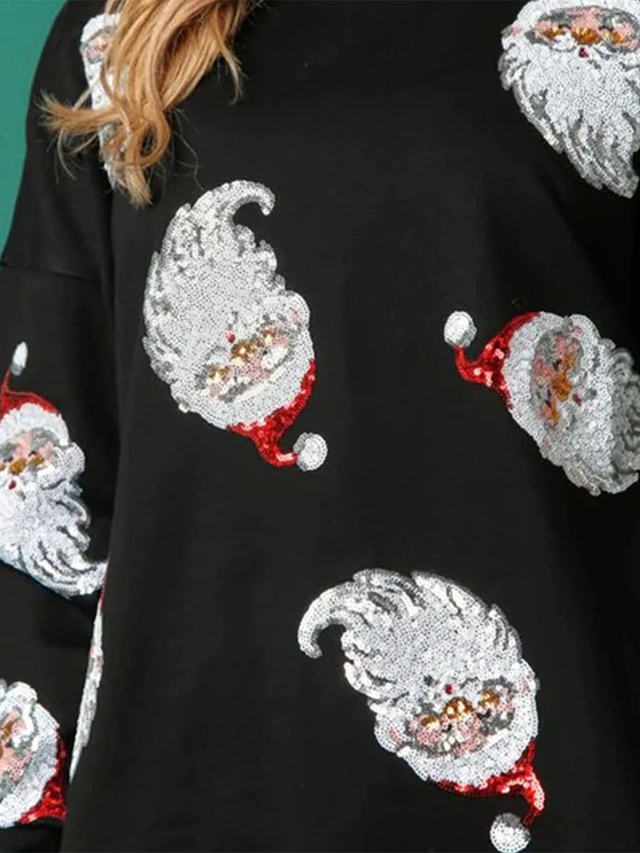 Women’s Crewneck Sweatshirt Loose Santa Claus Sequins Print Long Lantern Sleeve Tops for Christmas
