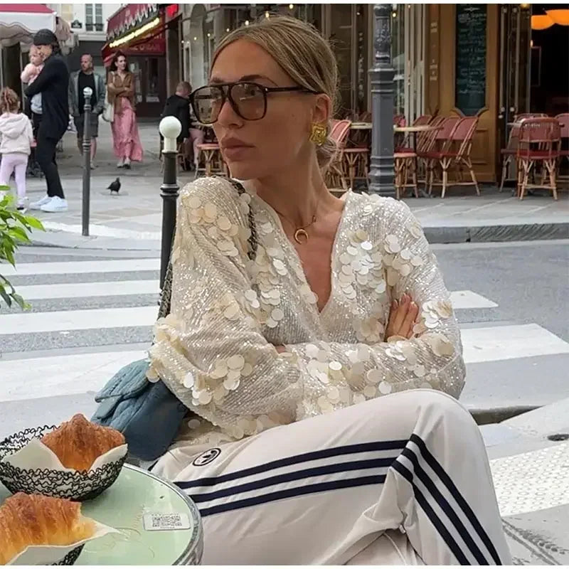 Fashion Sparkling Beaded Short Loose Jacket Elegant V Neck Long Sleeve Lace Up Cardigans 2025 Spring Female Elegant Streetwear