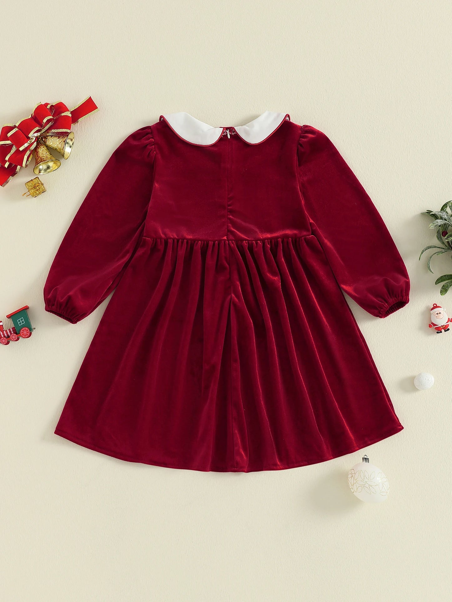 Toddler Red Plaid Christmas Dress with Bow and Reindeer Embroidery Smocked Long Sleeve Doll Collar Winter Outfit Adorable