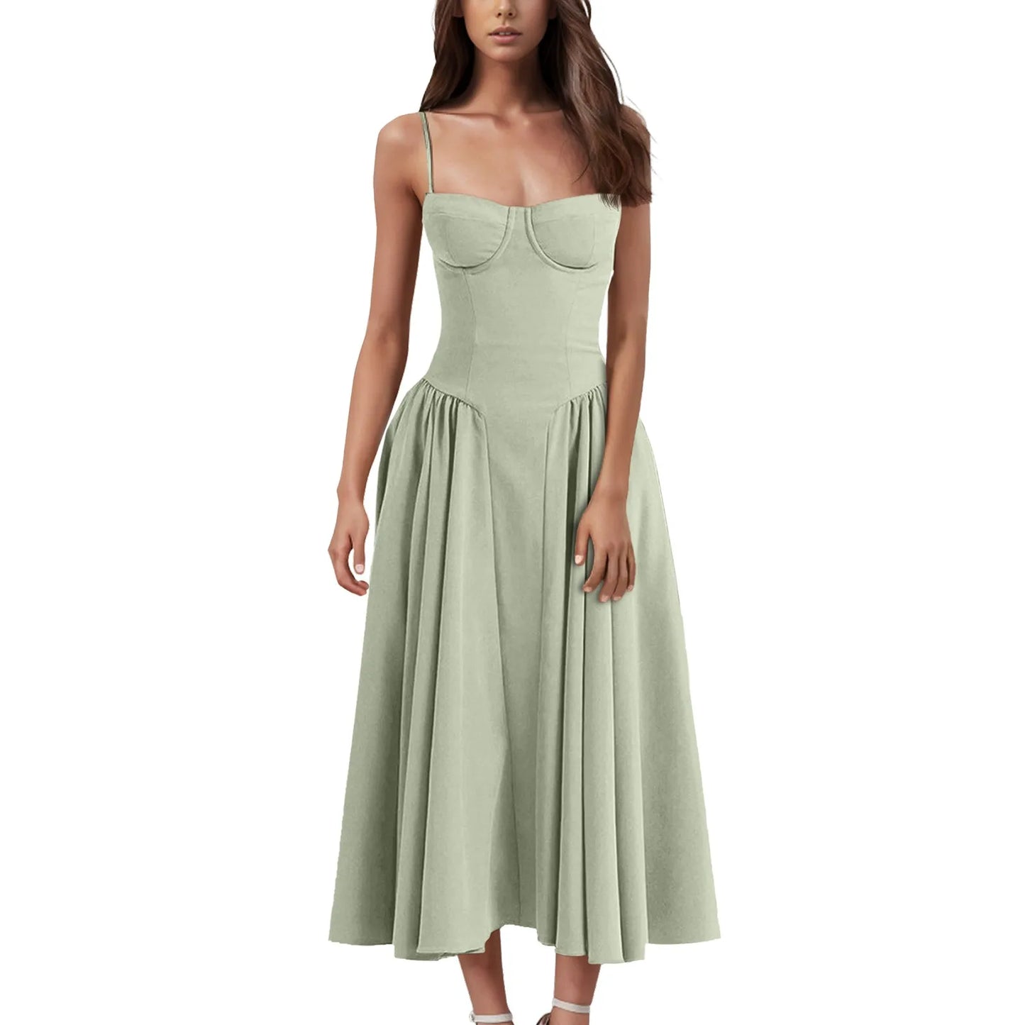 Women's Fashionable Solid Color Floral Retro Court  Dopamine Suspender Pocket Dress
