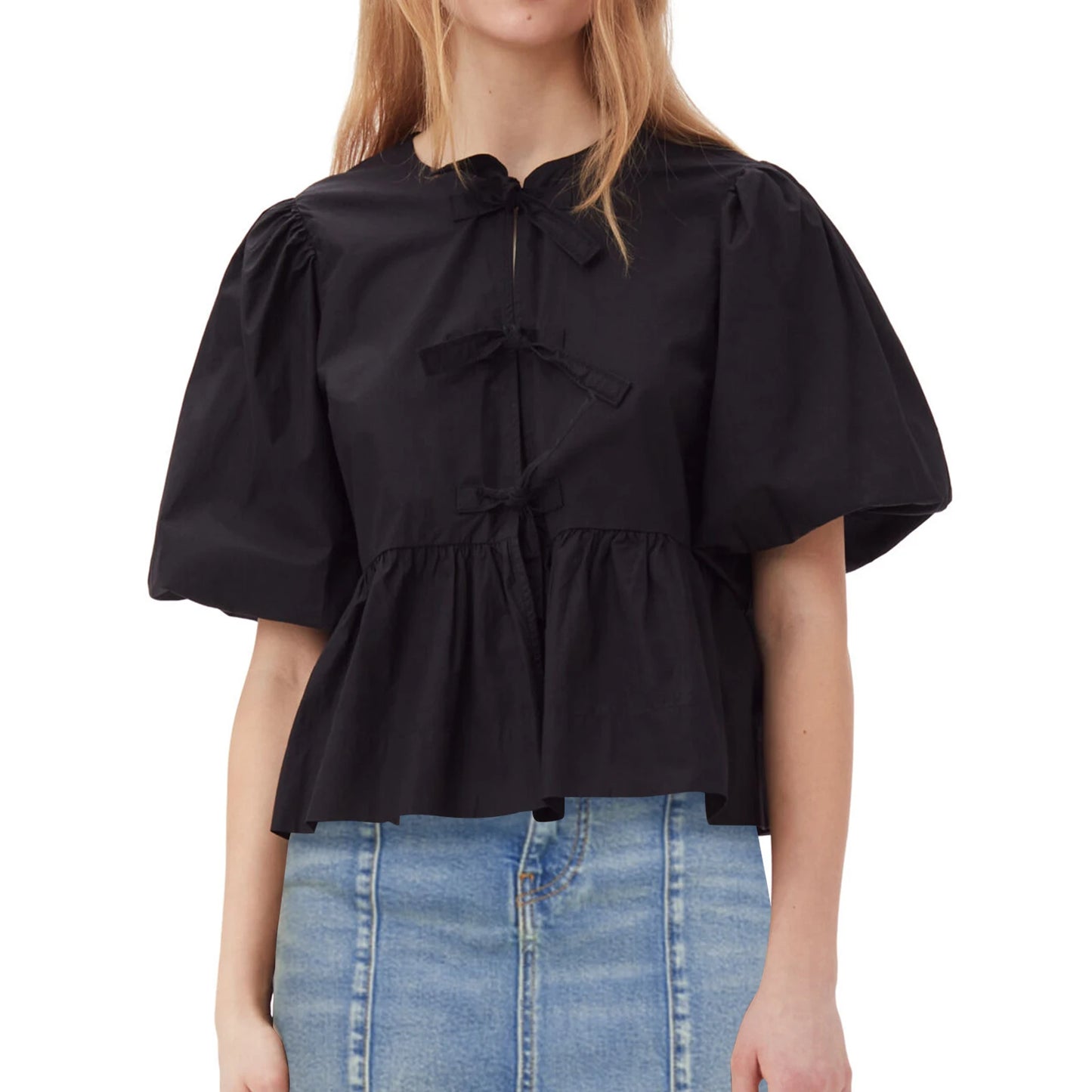 Fashion Women Y2k Peplum Shirt Puff Short Sleeve Lace Up Bow Blouse Tie Open Front Ruffle Hem Blouses Tops Streetwear