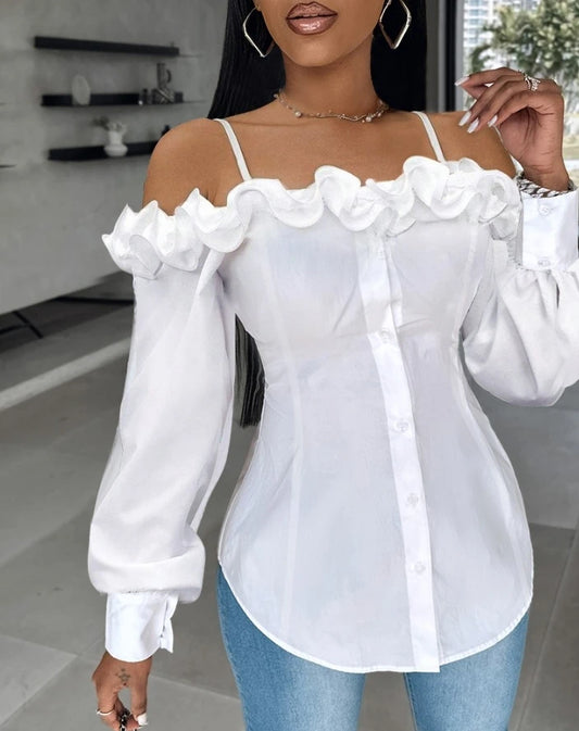 Elegant Women's Shirt 2024 Summer White Ruffle Hem Buttoned Off Shoulder Spaghetti Strap Long Sleeve Slim Fit Blouse Top