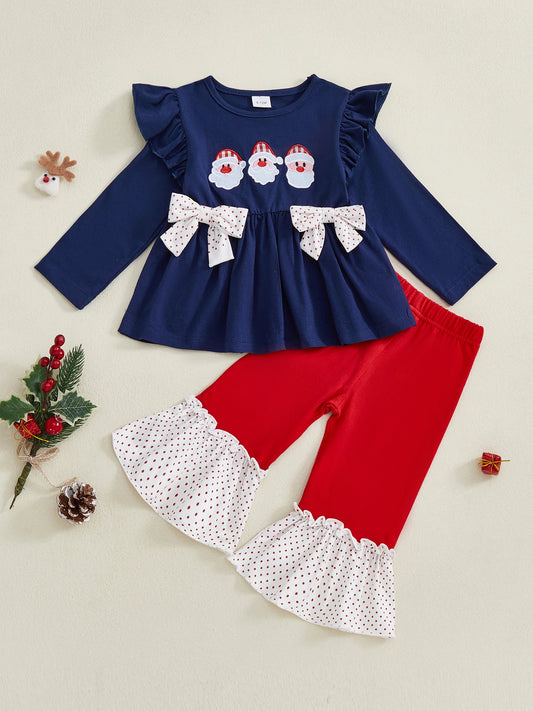 Girls Christmas Outfits Red Plaid Ruffle Sleeve Top and Leggings Set with Reindeer Embroidery 2 Piece Holiday Clothes