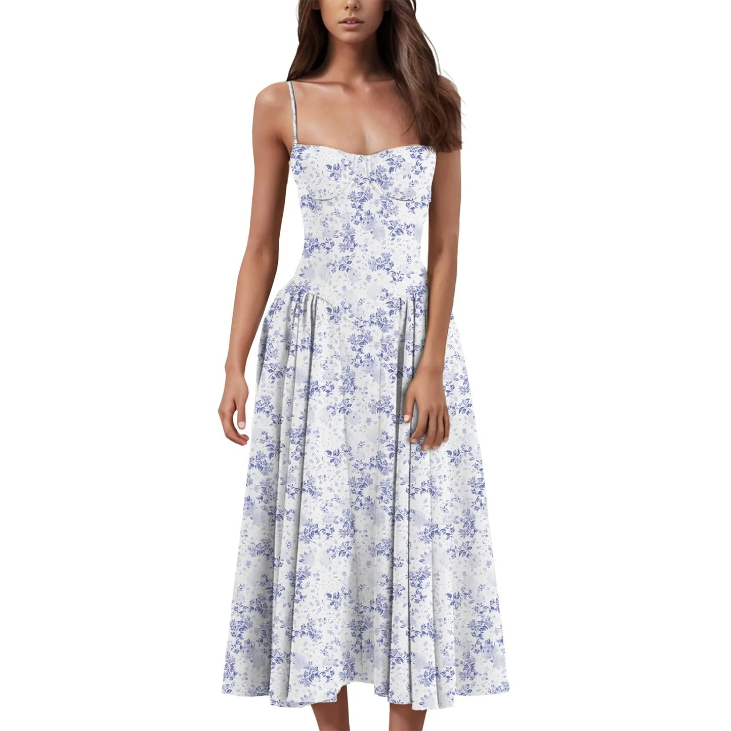 Women's Fashionable Solid Color Floral Retro Court  Dopamine Suspender Pocket Dress