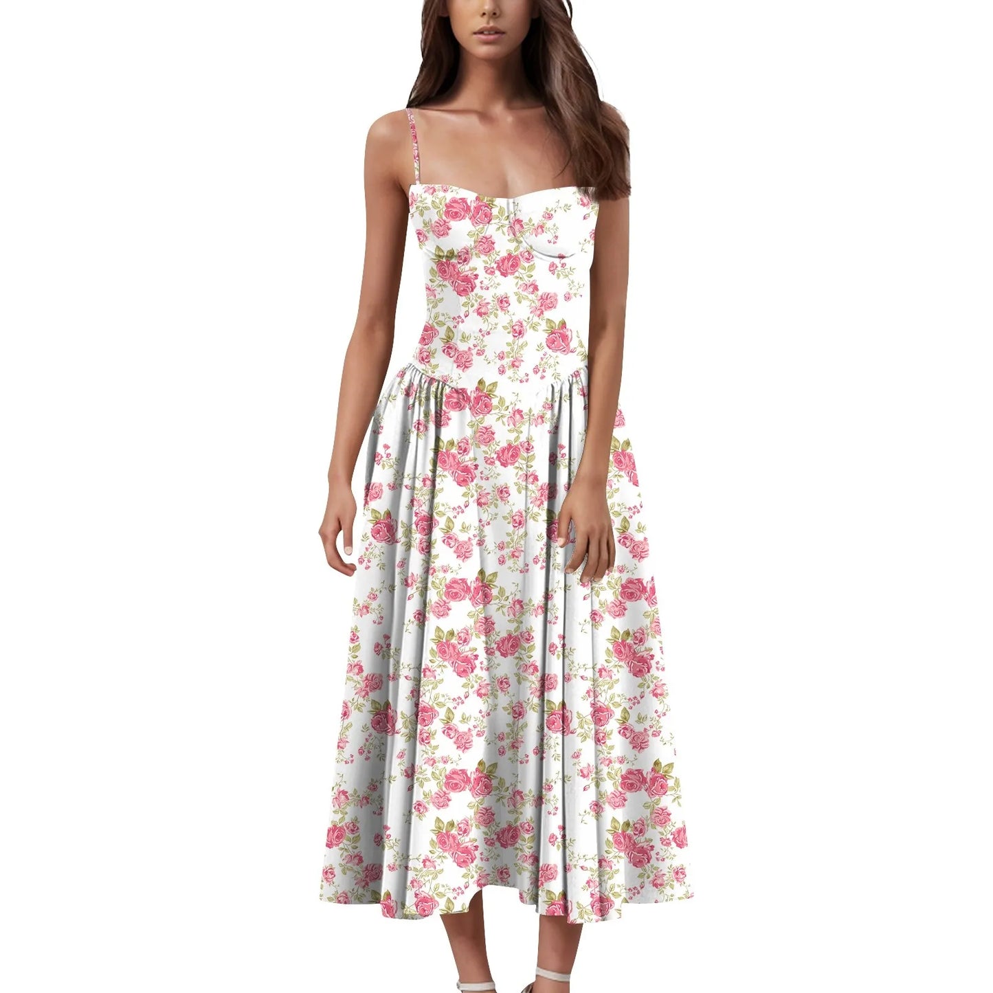 Women's Fashionable Solid Color Floral Retro Court  Dopamine Suspender Pocket Dress