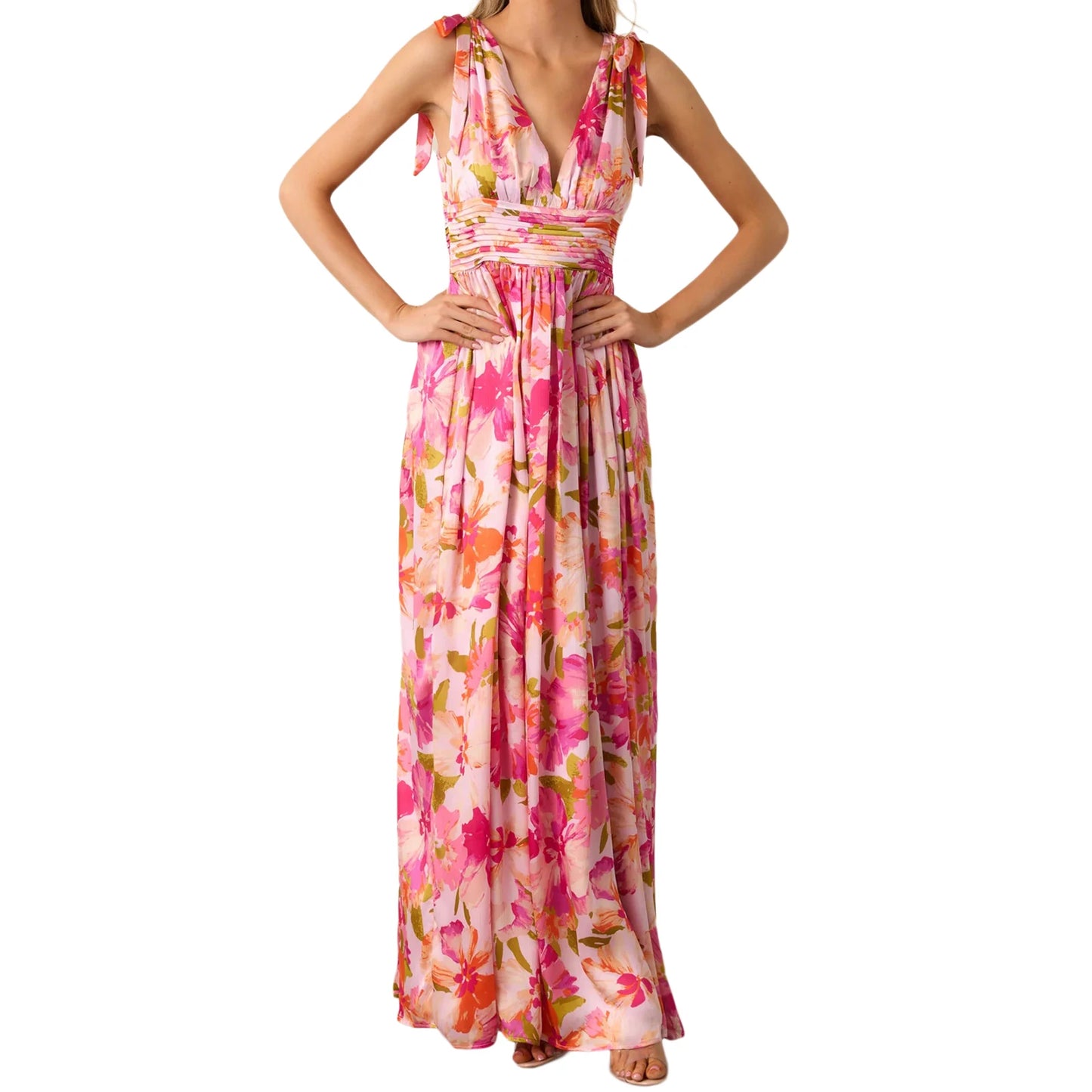 Elegant Maxi Dress with Boho Floral Print Stylish V-Neckline and Chic Tie-Up Shoulder Detail Perfect for Summer Casual Wear