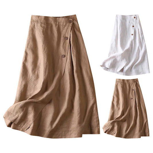 Elastic Waist Cotton Linen Side Slit Skirt Bell Bottoms Simple Pocket Linen Dress Half Body Dress