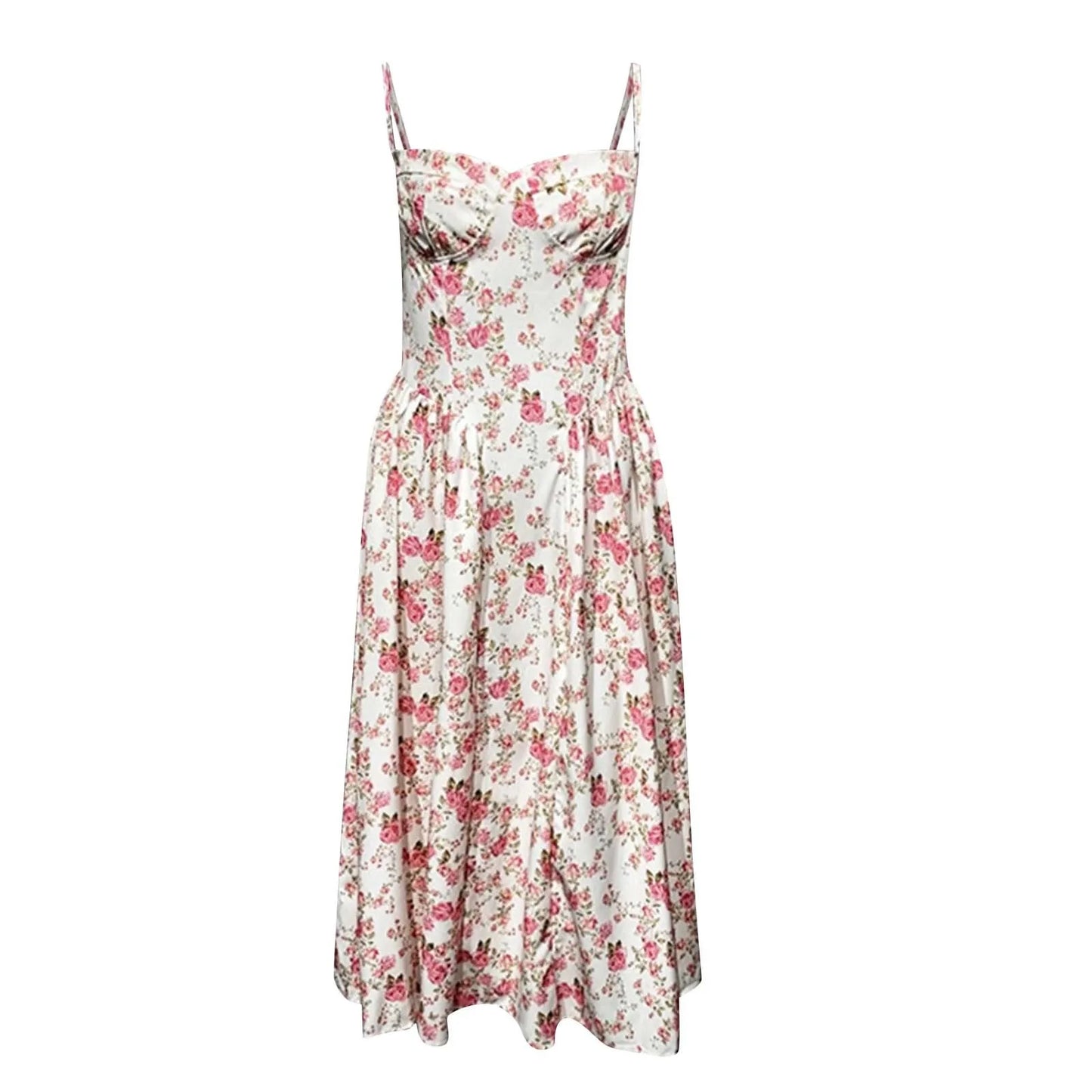 Women's Fashionable Solid Color Floral Retro Court  Dopamine Suspender Pocket Dress