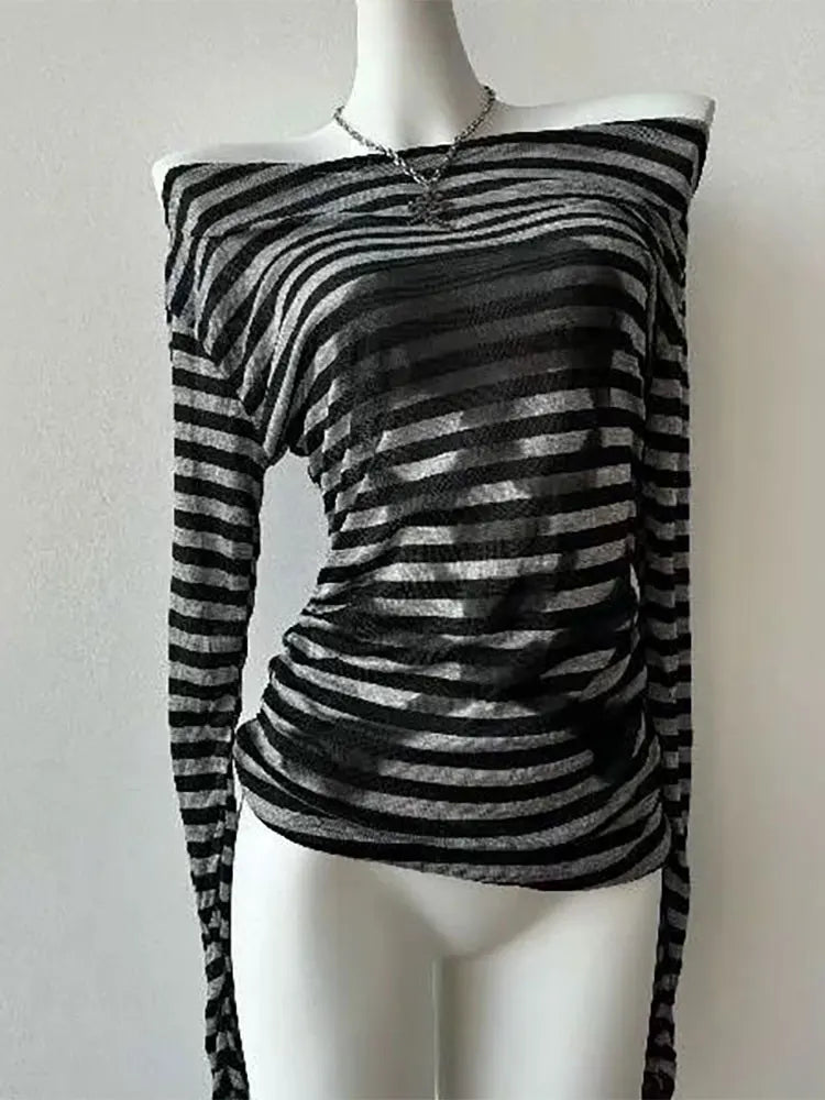 Gothic Vintage Skull Stripe T-shirt Women Off shoulder Top Designer Knitted Basic Long sleeve Tees 2000s Y2k Clothes Fashion New