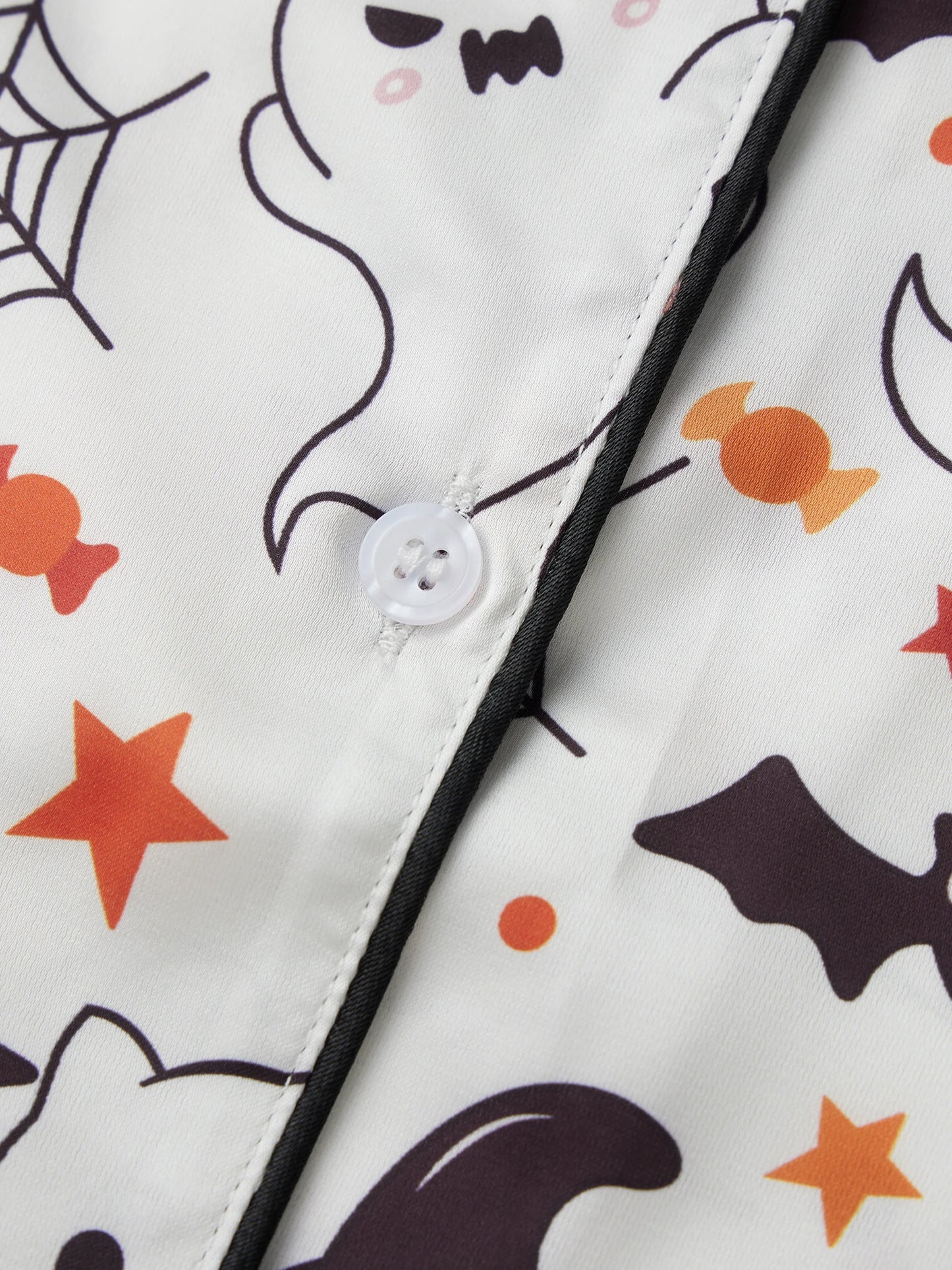 Women s Silk Pajama Sets with Spooky Halloween Prints Lapel V Neck Short Sleeve Tops and Pants Cozy Sleepwear for Fall