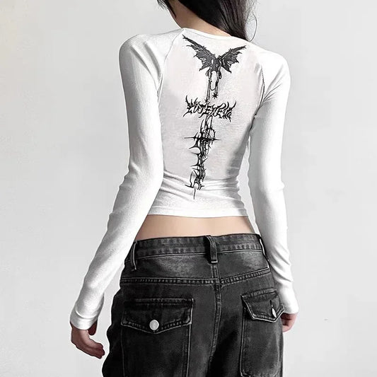 Y2K T-shirts Vintage Women O-neck Tee Long Sleeve Grunge Print Casual Crop Top Female Graphic Korean Fashion Streetwear Tops