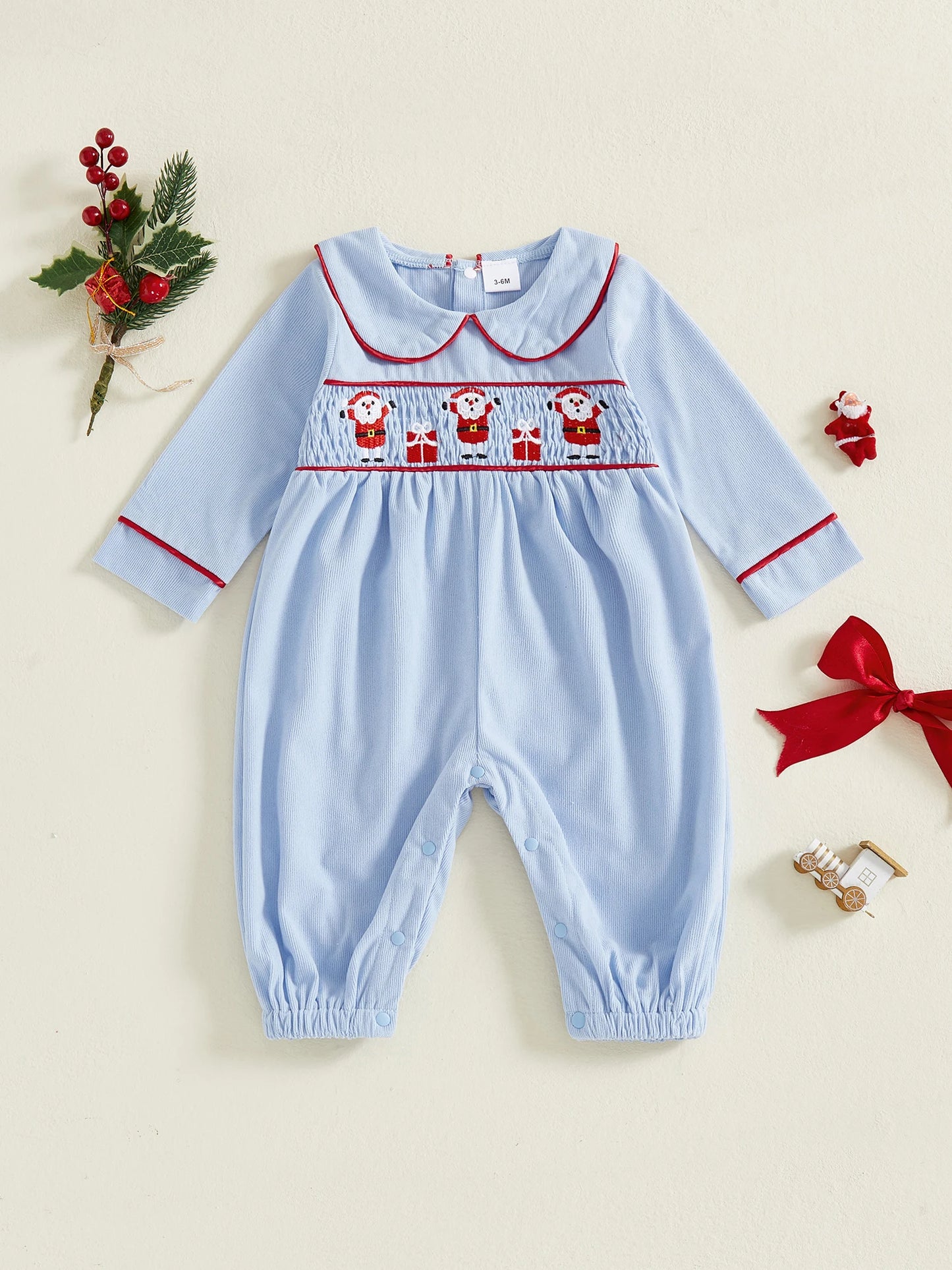 Infant Girls Winter Romper with Reindeer Embroidery and Ruffle Collar Cozy Long Sleeve  for Newborn Xmas Outfit