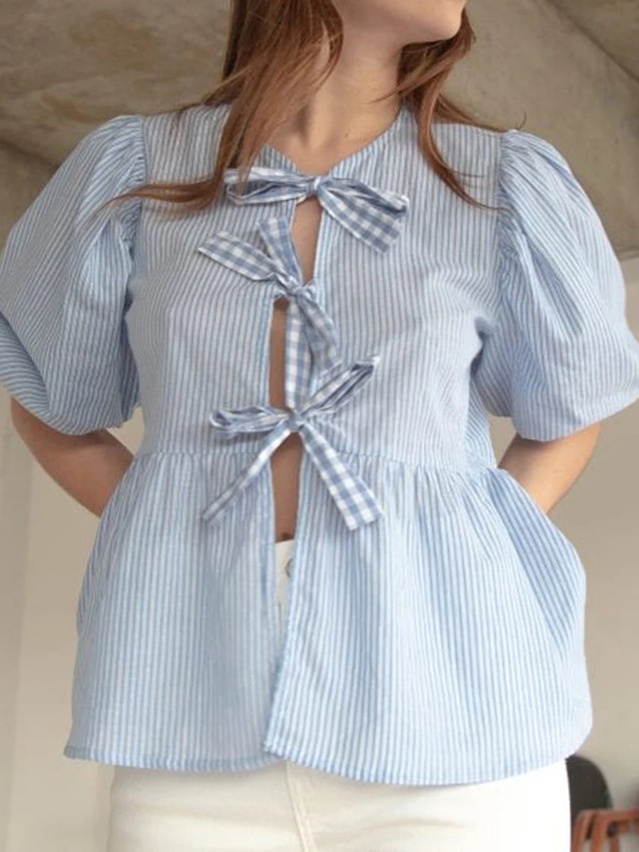 Fashion Women Y2k Peplum Shirt Puff Short Sleeve Lace Up Bow Blouse Tie Open Front Ruffle Hem Blouses Tops Streetwear