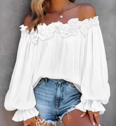 Elegant Women's Shirt 2024 Summer White Ruffle Hem Buttoned Off Shoulder Spaghetti Strap Long Sleeve Slim Fit Blouse Top