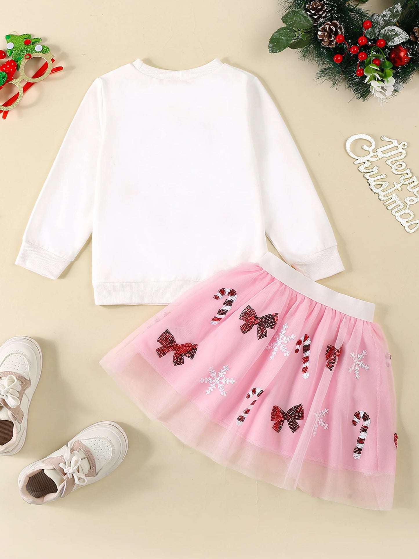 Adorable Infant Girl Outfit Long Sleeve Candy Cane Embroidery Sweatshirt with Tutu Skirt Set - Perfect for Christmas