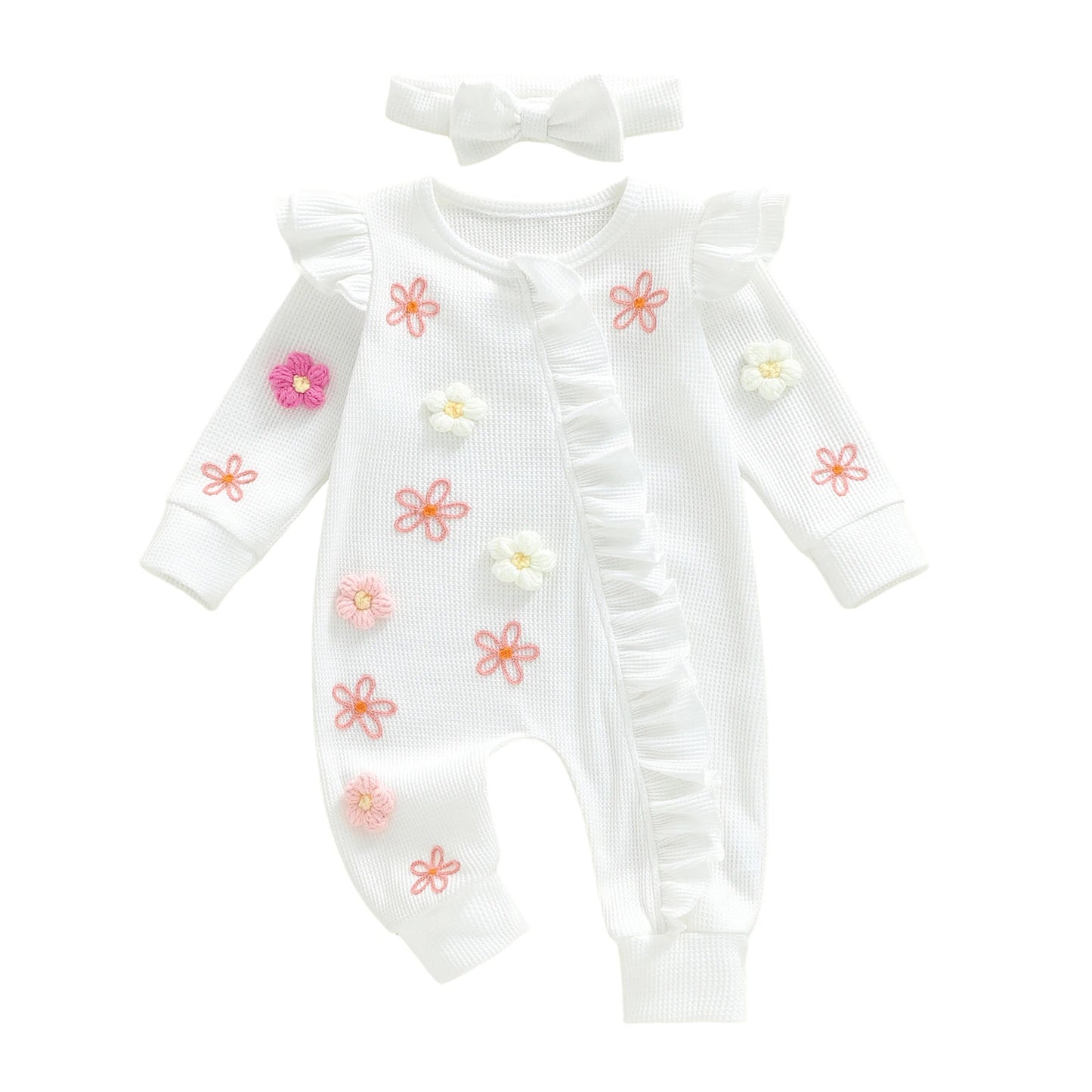 Toddler Girl 2-Piece Autumn Clothes Set Long Sleeve Round Neck Floral Print Romper with Matching Headband Outfit