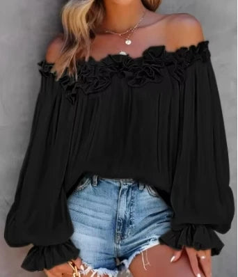 Elegant Women's Shirt 2024 Summer White Ruffle Hem Buttoned Off Shoulder Spaghetti Strap Long Sleeve Slim Fit Blouse Top