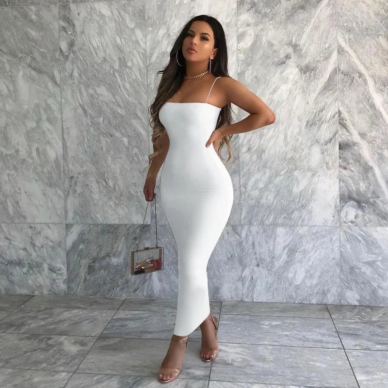 2024 Autumn Winter Women Solid White Black Strap Midi Dress Bodycon Sexy Streetwear Party Club Elegant Fashion Clothes