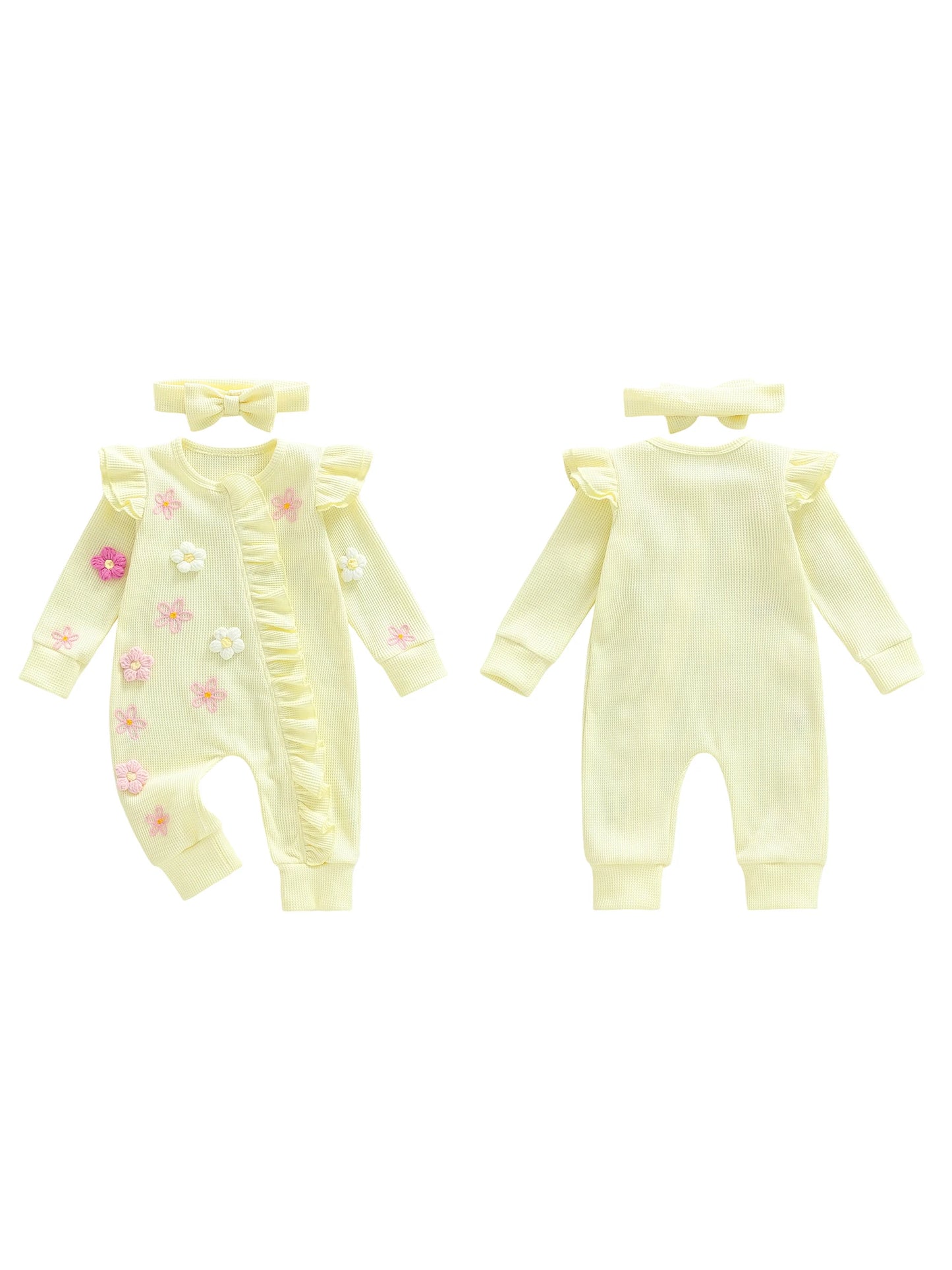 Toddler Girl 2-Piece Autumn Clothes Set Long Sleeve Round Neck Floral Print Romper with Matching Headband Outfit